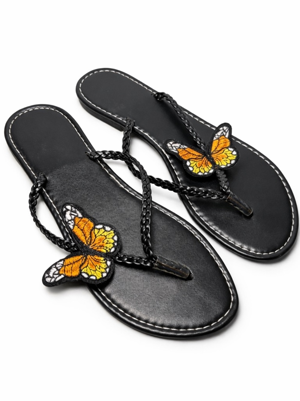 Butterfly Strap Sandals Black Braided Flip Flops Y2K Boho Cute EU 38 NEW